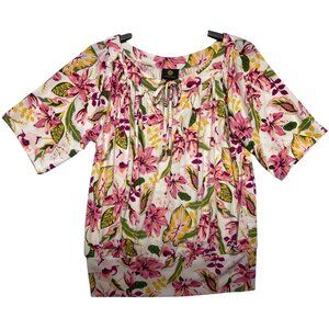 JM Collection Womens Small Floral Banded Bottom Knit Top With Tie Neck